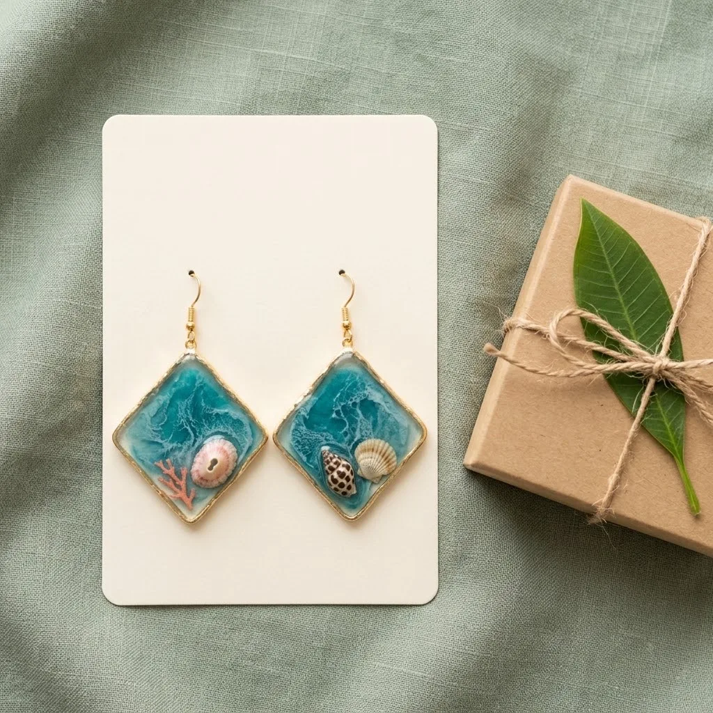 A pair of diamond-shaped teal ocean resin earrings with gold edging, small shells and pink coral, laid on a cream card beside a kraft gift box tied with twine