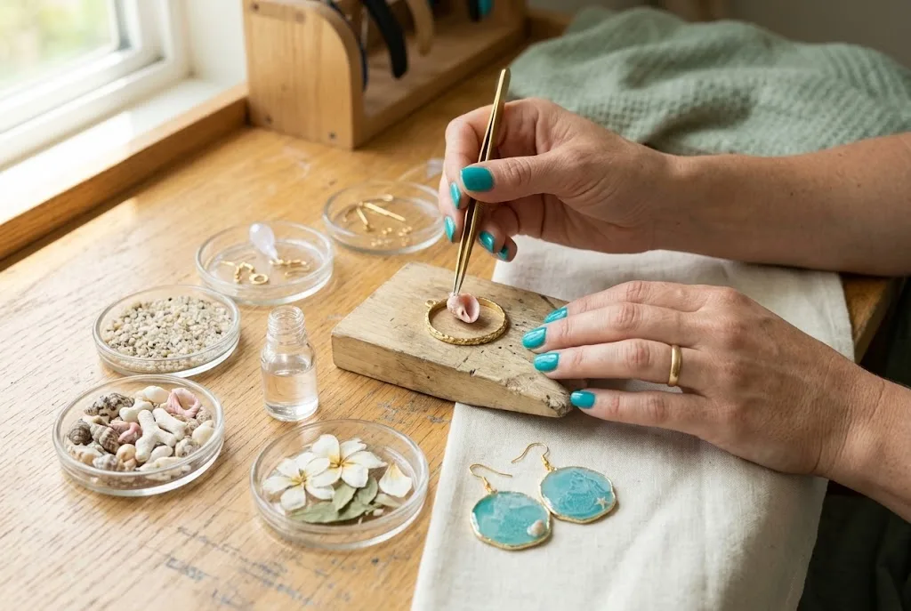 Hands placing a tiny shell into a gold resin bezel with tweezers at a wooden workbench, beside dishes of shells, sand and dried plumeria
