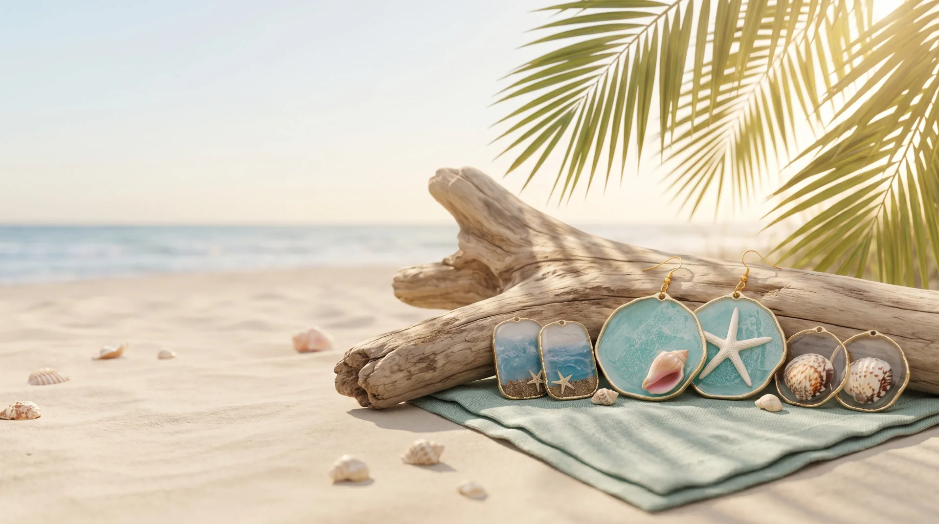Six pairs of handmade resin earrings laid on sage linen against a driftwood log on a Maui beach, palm fronds overhead