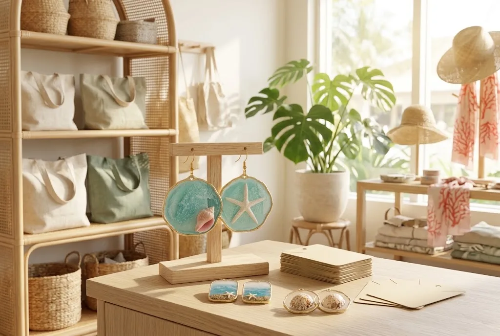 Teal resin earrings hanging on a wooden display stand on a counter in a bright island boutique, with linen bags and a monstera plant behind
