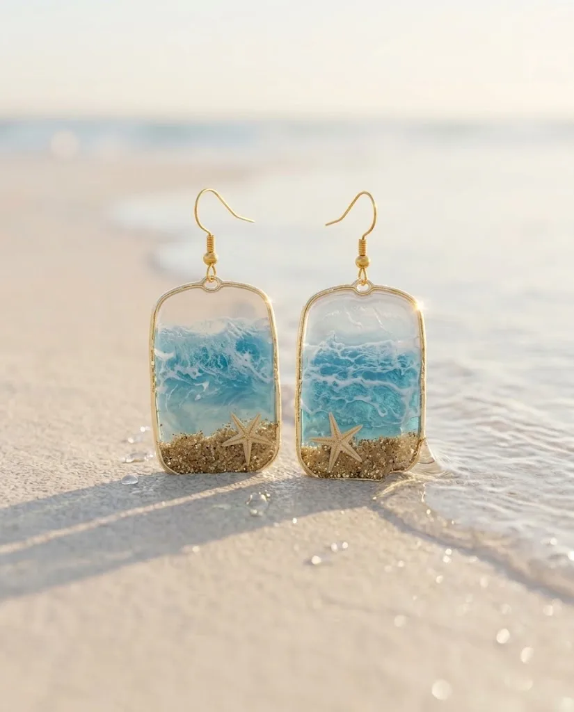 A pair of rectangle resin earrings with blue ocean resin over a band of real sand and a small starfish, standing at the water's edge on pale sand