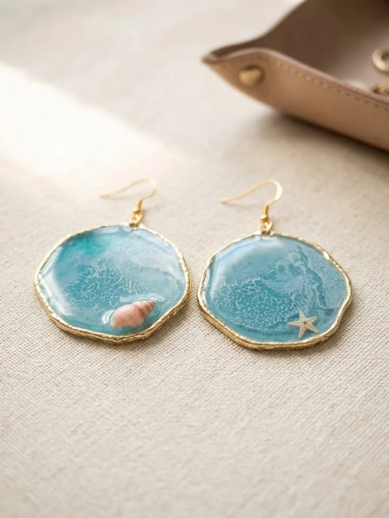 A pair of round teal ocean resin earrings with hand-shaped gold edging on beige linen, one set with a pink shell and one with a small starfish